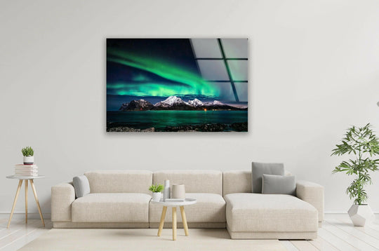 Fluid, organic forms capture the dance of aurora borealis over arctic peaks in this landscape glass wall artwork, reflecting nature's serene beauty.