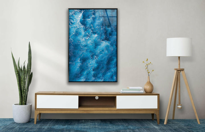 Blaue Ozeanwellen Glaswandkunst
