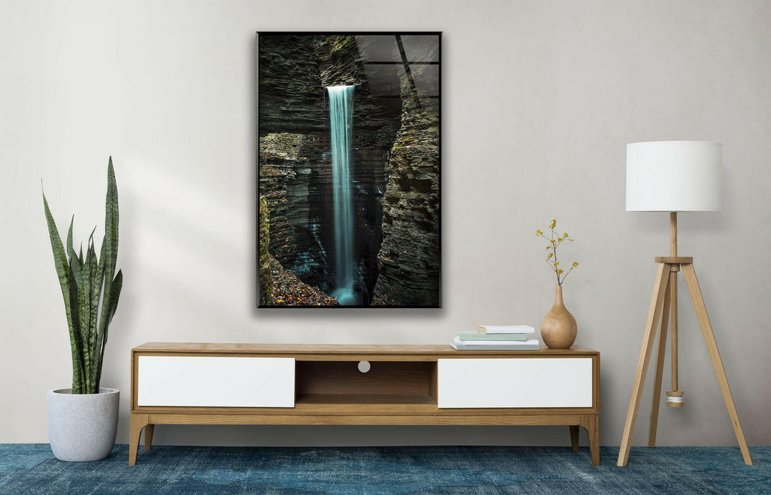 High-resolution waterfall artwork on tempered glass, bringing depth and vibrancy to any room.
