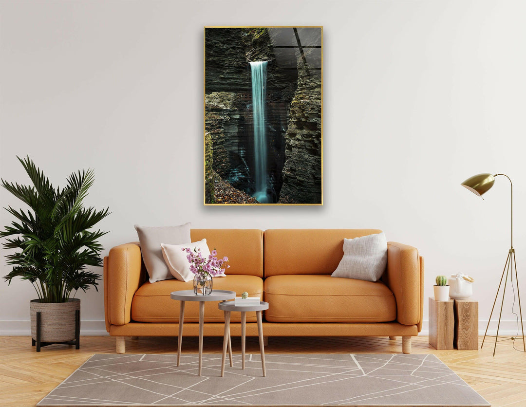 Elegant and dramatic waterfall gorge scene, beautifully printed on glass for a modern aesthetic.
