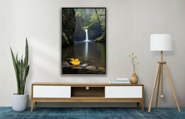 High-quality glass art showcasing a hidden forest waterfall and serene reflections.
