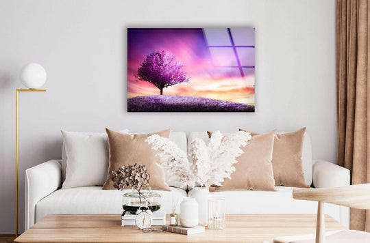 Alternating smooth and textured elements create a visual rhythm across the purple tree landscape tempered glass wall art, offering a dreamy landscape decor accent.