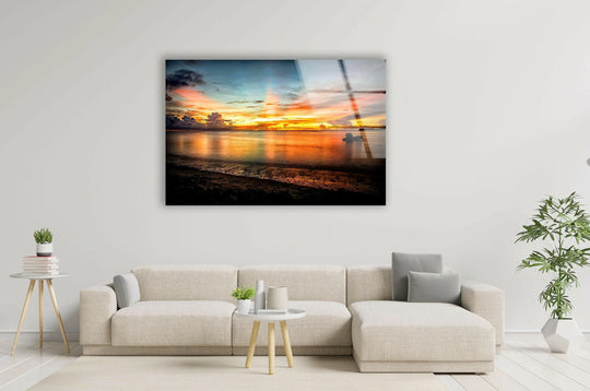 Landscape glass wall art sunset reflection and ocean view and sunset artwork for warmth and serenity on a white wall