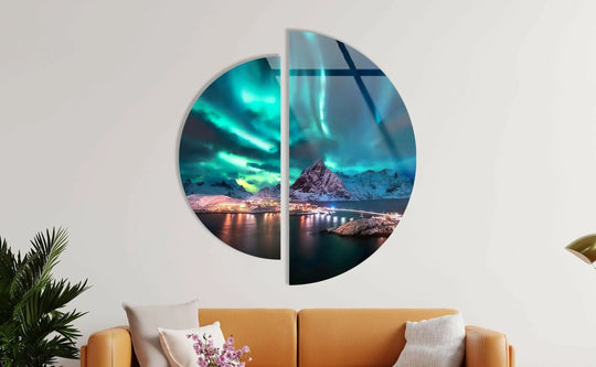 2 Pices Circle aurora lights glass wall art turquoise and black showcases arctic nightscape decor and modern aurora lights circular wall art