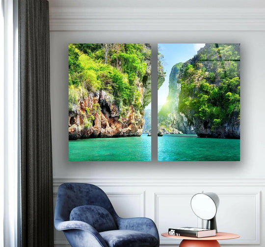 Highlighting the geometric elements, this Thailand Phuket Island glass wall art presents a diptych design with sharp rock formations and turquoise waters, showcasing unique modern wall decor.