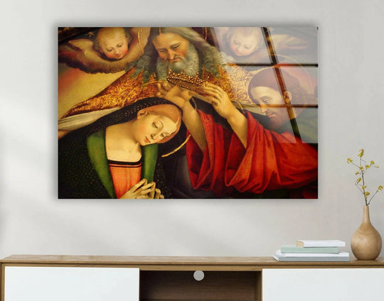Religion glass wall art featuring The Coronation of the Virgin Mary and Christian art with tempered glass and Luca Signorelli divine spiritual elegance