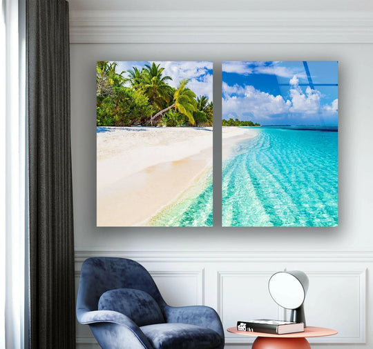 This beach wall art features a tropical beach landscape and is a landscape glass wall art and coastal decor bringing tropical serenity home and offering relaxing coastal decor