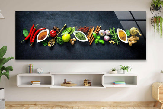 Spice and Kitchen Herbs glass wall art showcases vibrant culinary details and panoramic design and is a stunning statement piece for modern wall decor above a white sofa