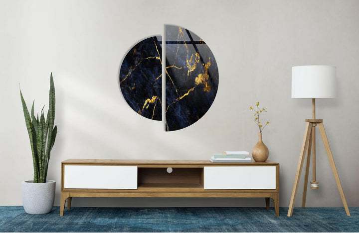 Round 2 Piece Dark & Gold Glass Wall Art glass photo prints, glass picture prints

