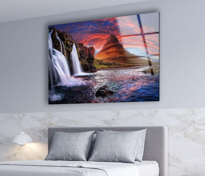 Stunning nature print showcasing a breathtaking waterfall against a glowing horizon.
