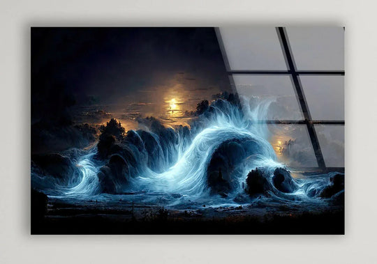 Stillness embodies the hypnotic Moonlit Ocean Storm glass wall art prints, where the celestial glow meets tempestuous, frozen waves in a breathtaking landscape.