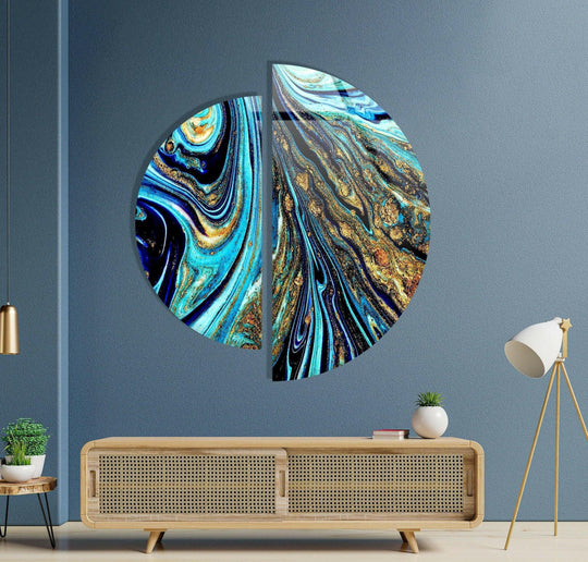 Featuring a high-gloss finish, this two pieces round abstract blue and gold glass hanging wall art boasts a striking, reflective luster that enhances its swirling design.