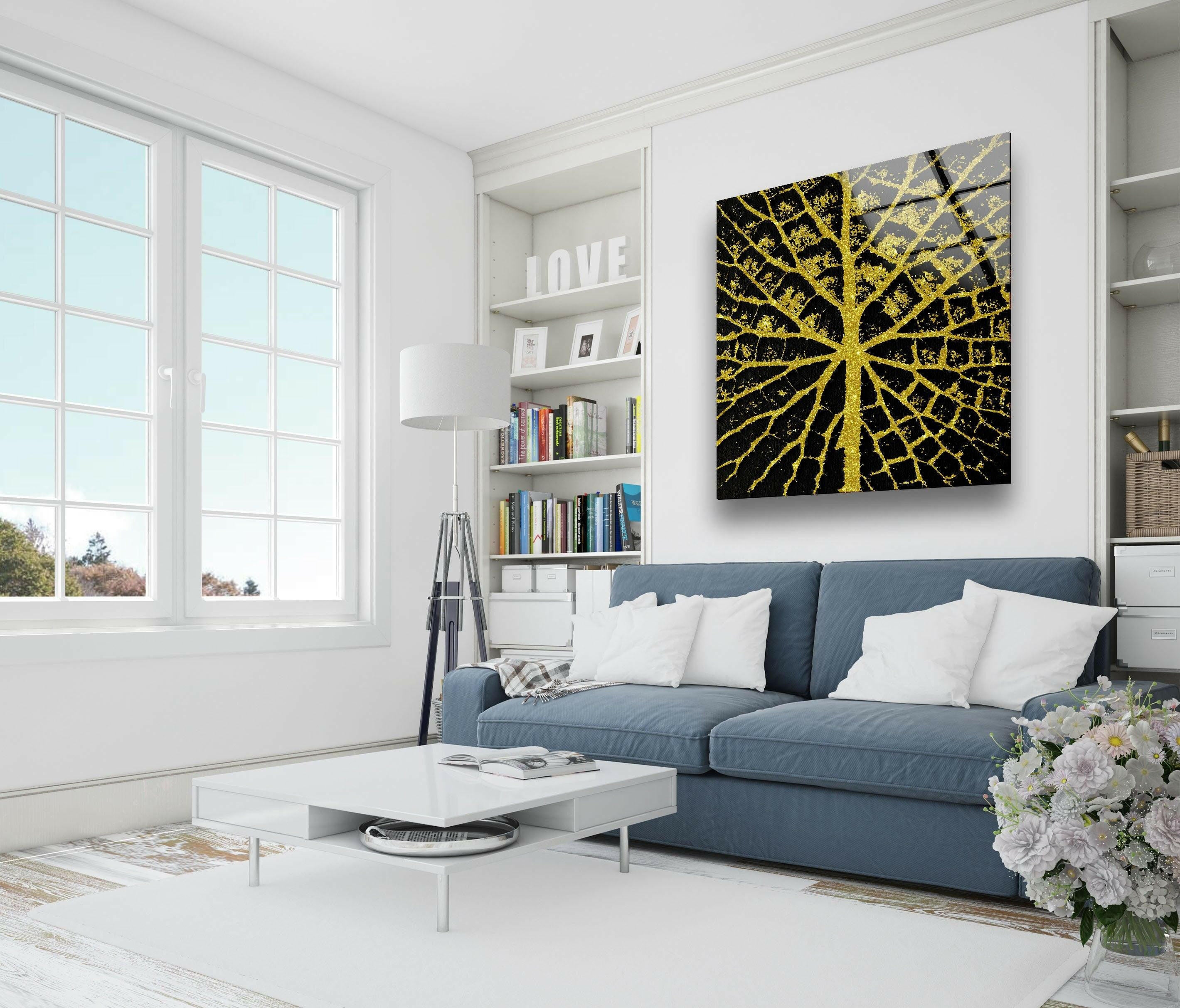 Golden Sparkle Tree Tempered Glass Wall Art
