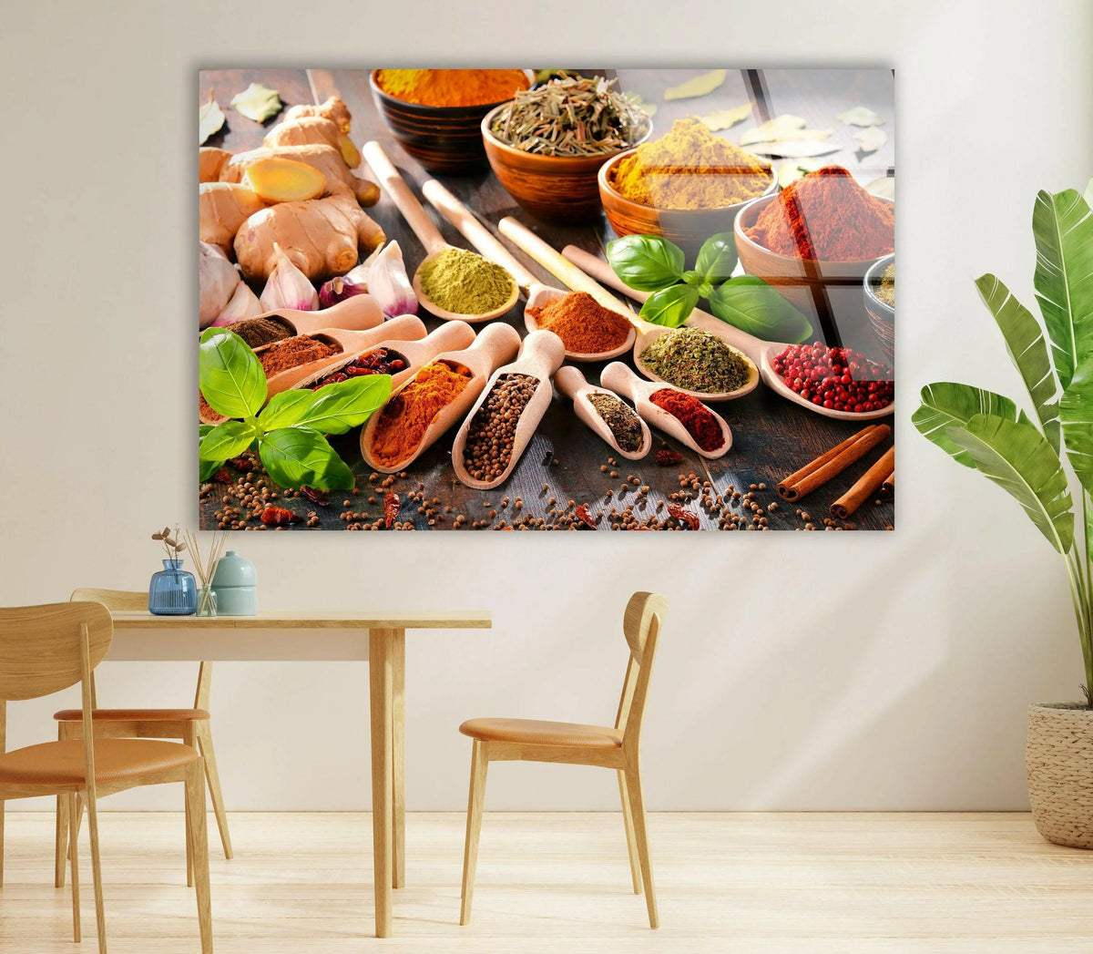 Highlighting the abstract quality, this vibrant Indian Herbs glass wall art transforms familiar kitchen spices into a textured and colorful example of modern glass art.