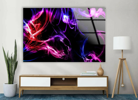 Abstract decorative wall art features swirling magenta, deep purple, and electric blue light trails on a dark background.