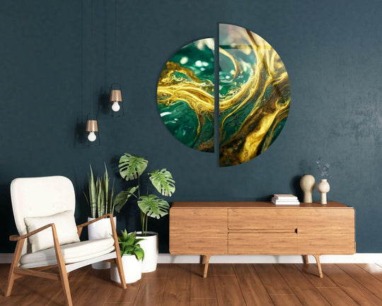 2 Piece Circle gold green glass wall art with luxurious fluid design is modern glass wall art for luxury interiors