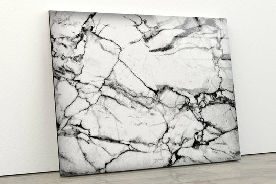 Streaks of black marble veins dynamically flow across this white glass wall art for elegant home decor.