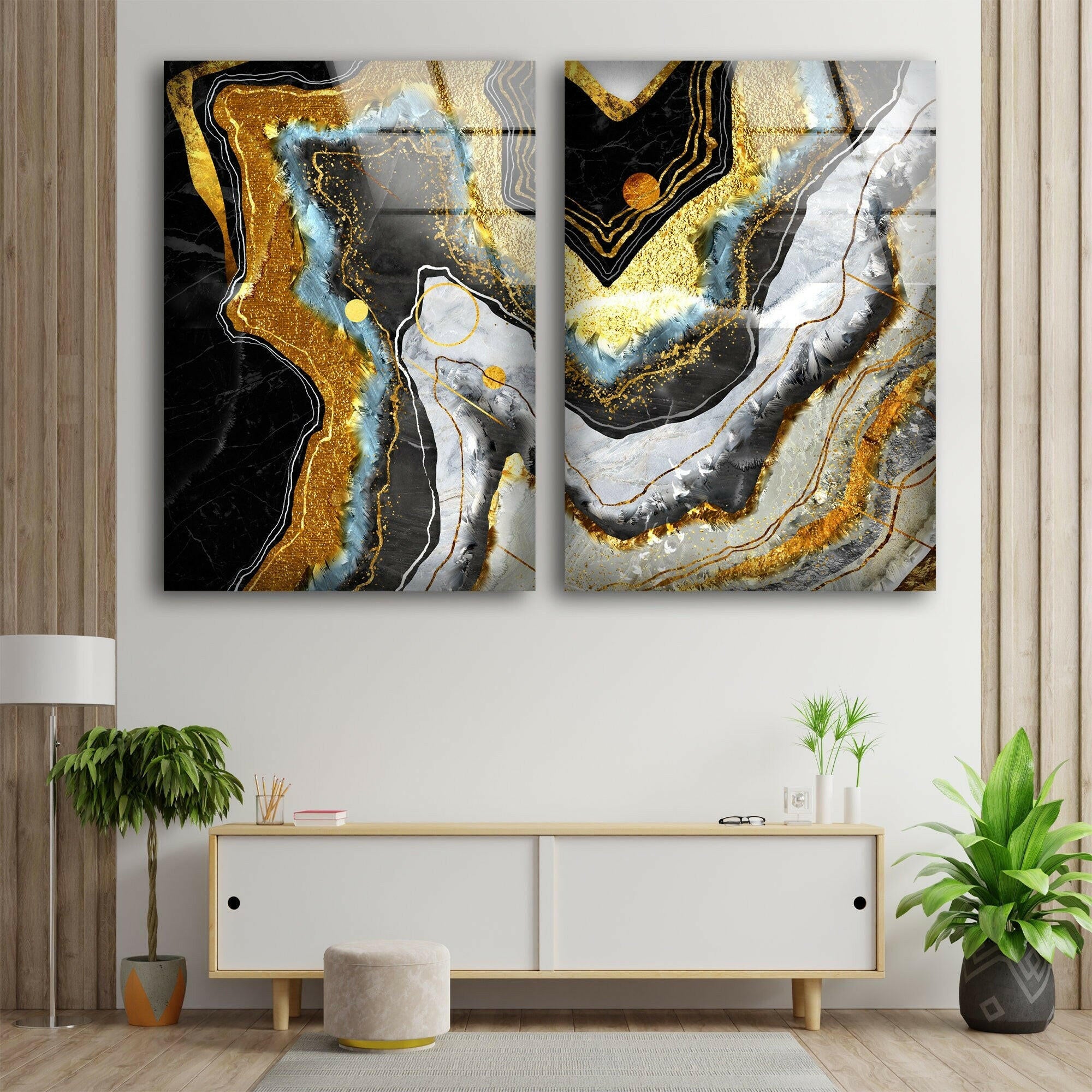Golden Marble Abstract Tempered Glass Wall Art