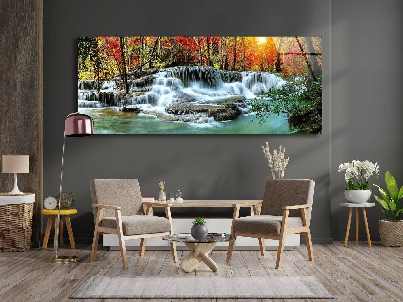 Showcasing the exceptional decorative wall art quality, this panoramic nature landscape glass wall art highlights the clarity of the waterfall scene.