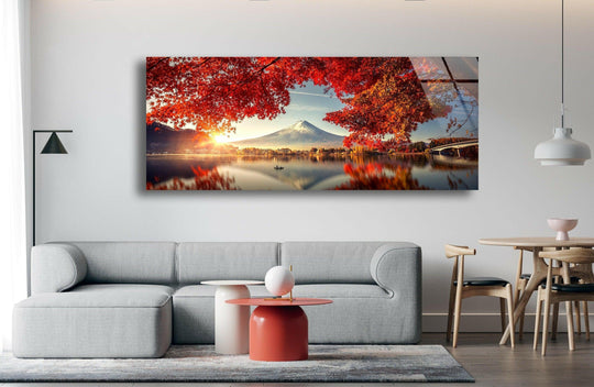 Fuji Mountain glass wall art showcases a scenic autumn landscape and vibrant red maple trees reflecting on the water and Mount Fuji
