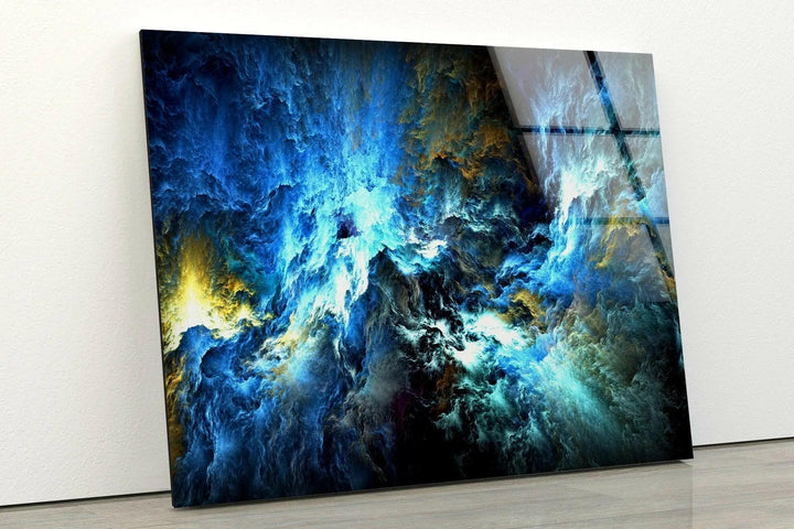 Stunning Cosmic Storm Abstract Wall Art featuring unique abstract glass design in vibrant blue hues for modern decor.