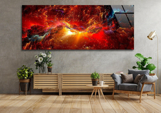 Red Cloud abstract glass wall art displays a fiery panoramic scene and vibrant red hues and is a bold statement piece for modern wall decor above a sofa