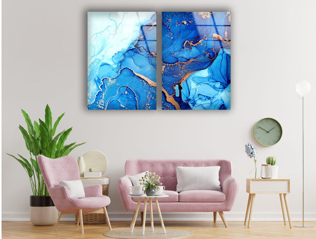 Set of Blue Alcohol ink Abstract Tempered Glass Wall Art