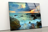 Wavy Sea Sunset View Tempered Glass Wall Art