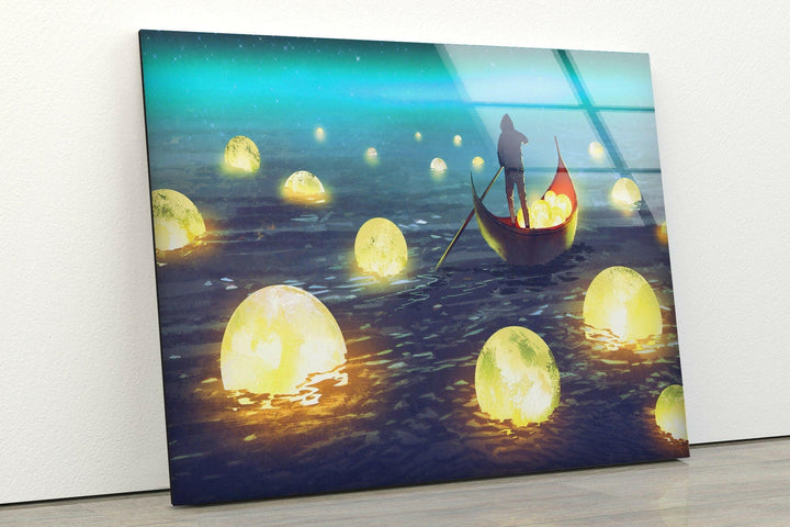 Enchanting fantasy landscape with glowing orbs on a tranquil ocean.
