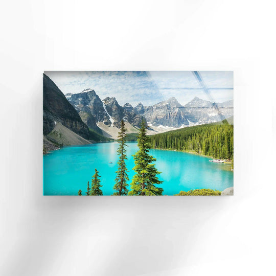 Moraine Lake landscape print on glass, bringing the beauty of the Canadian Rockies into your home.
