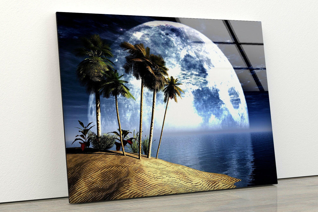 Surreal beach scenery wall decor with palm trees swaying under a starry sky.
