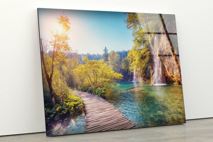 Nature art prints capturing the serene beauty of Plitvice Lakes Walkway with cascading waterfalls.
