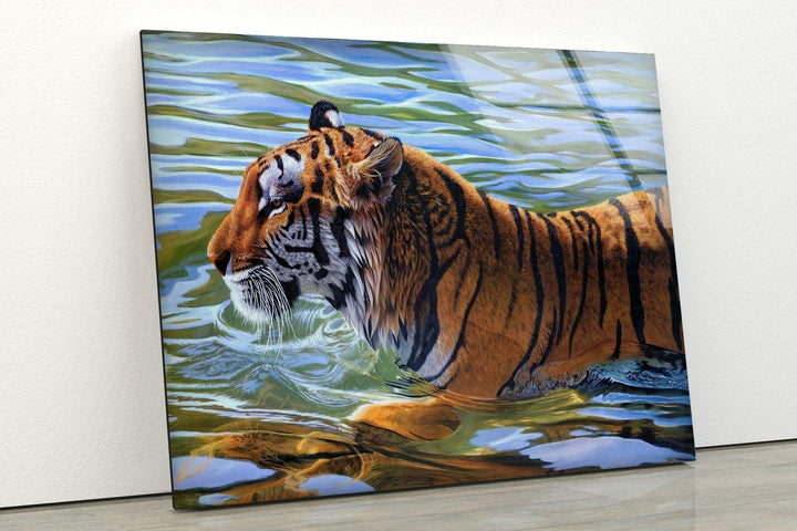 Swimming Tiger Glass Wall Art glass art painting, glass art for the Wall
