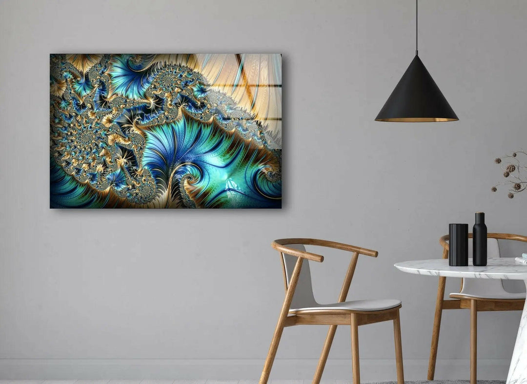 Blue Golden Fractal Glass Wall Art, Glass Printing Wall Art, Print photos on glass