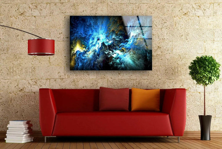 Stunning Cosmic Storm Abstract Wall Art featuring unique abstract glass design in vibrant blue hues for modern decor.