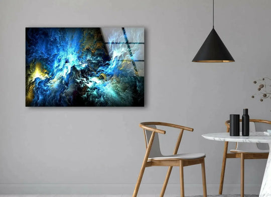 Stunning Cosmic Storm Abstract Wall Art featuring unique abstract glass design in vibrant blue hues for modern decor.