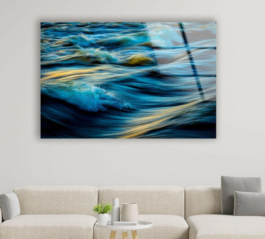 Ocean waves glass wall art shows crashing waves and blue water tones and landscape artwork a dynamic glass print for modern spaces and ocean wall art