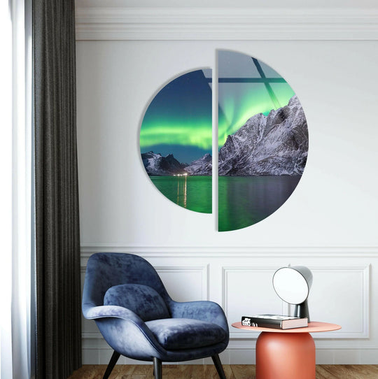 2 Pices Circle Northern Lights glass wall art scenic view and aurora design and modern arctic decor to enhance your home on a white wall
