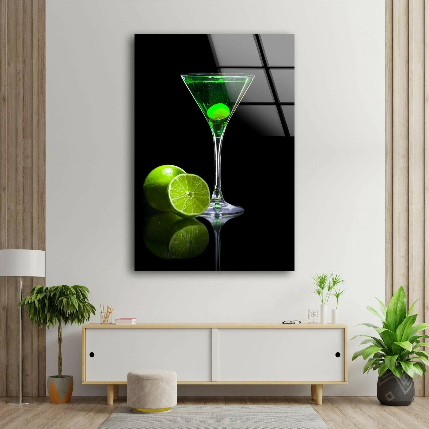 Geometric composition featuring limes and a cocktail glass creates a balanced design for wall art prints with the frame's grid pattern adding visual interest.