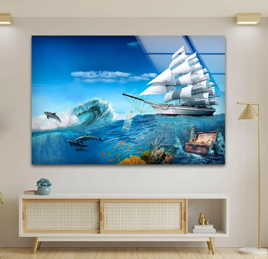 Vivid oceanic blues and vibrant corals saturate this unique modern wall decor, featuring dolphins, a ship, and a treasure chest.
