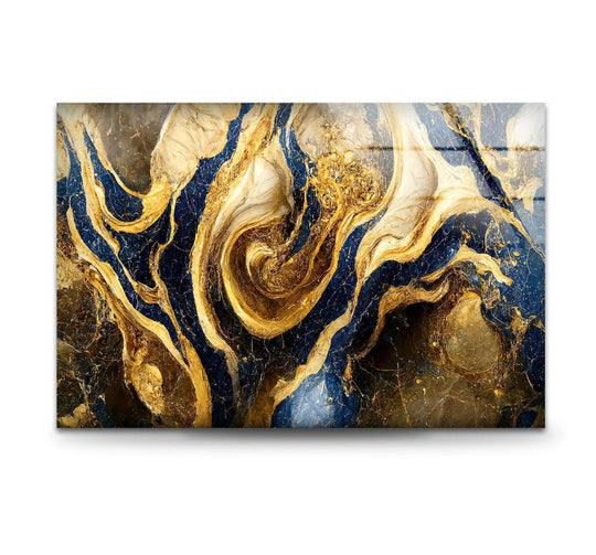 Striking navy blue and gold abstract marble swirls create dramatic color contrast in this wall art print.