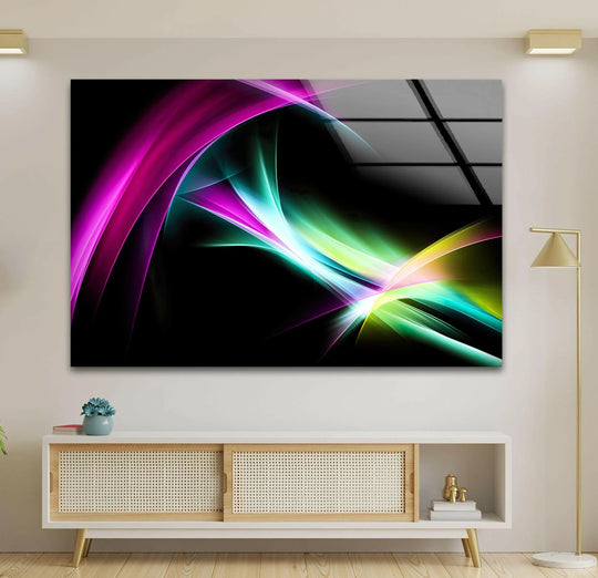 Smooth, glossy glass wall artwork displays vibrant, undulating fractal waves with a luminous, textured appearance.
