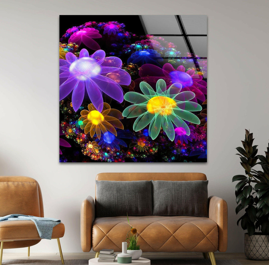 Neon Flowers Glass Wall Art, photo print on glass, prints on glass wall art
