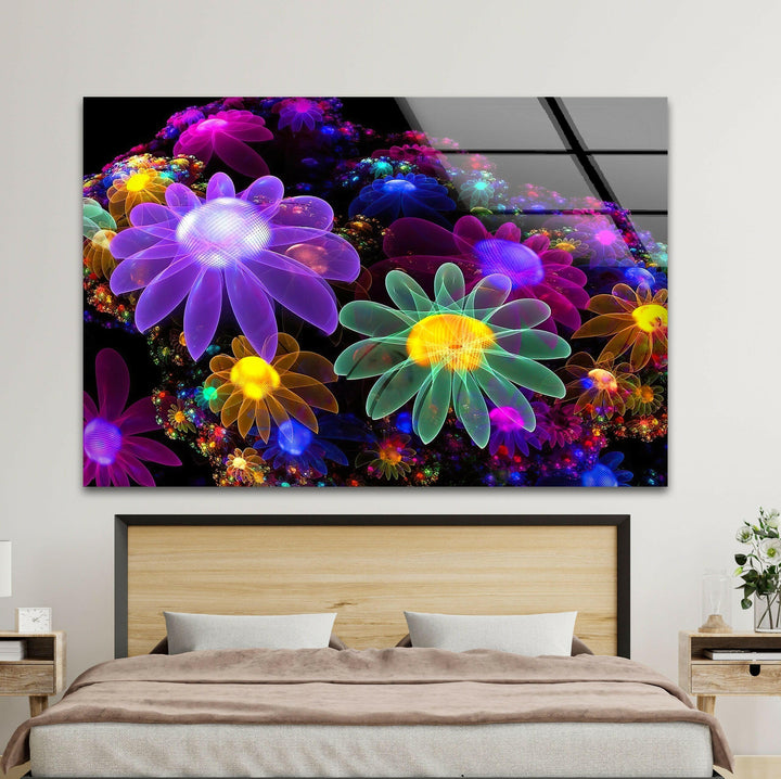 Neon Flowers Glass Wall Art, glass photo prints, glass picture prints