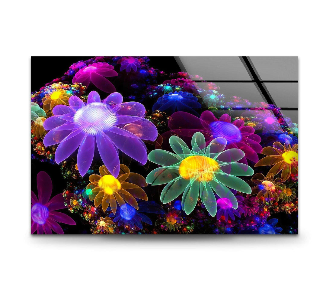 Neon Flowers Glass Wall Art, Glass Printing Wall Art, Print photos on glass
