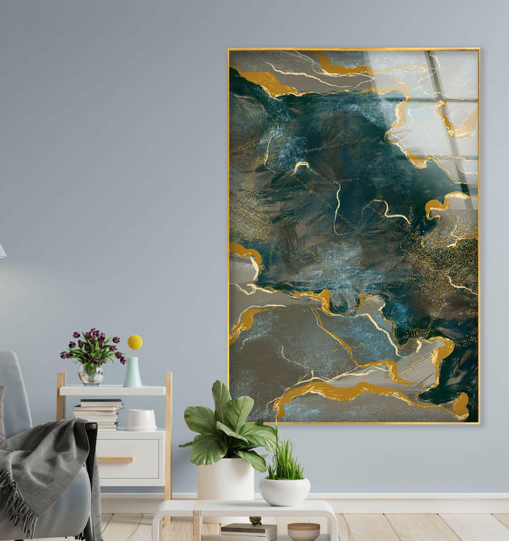 Green and Golden Alcohol ink Glass Wall Art
