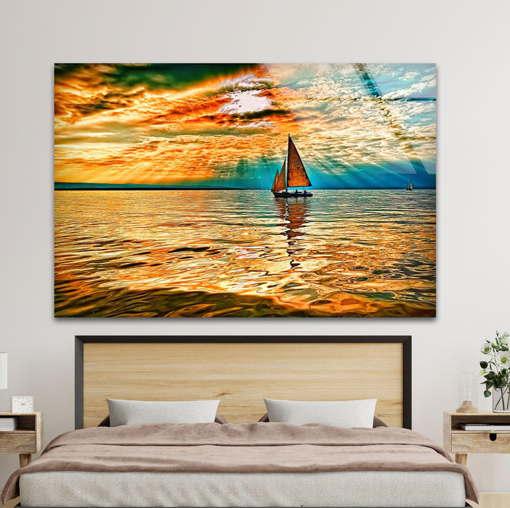 Segelboot Rotes Meer Sonne Glas Wandkunst