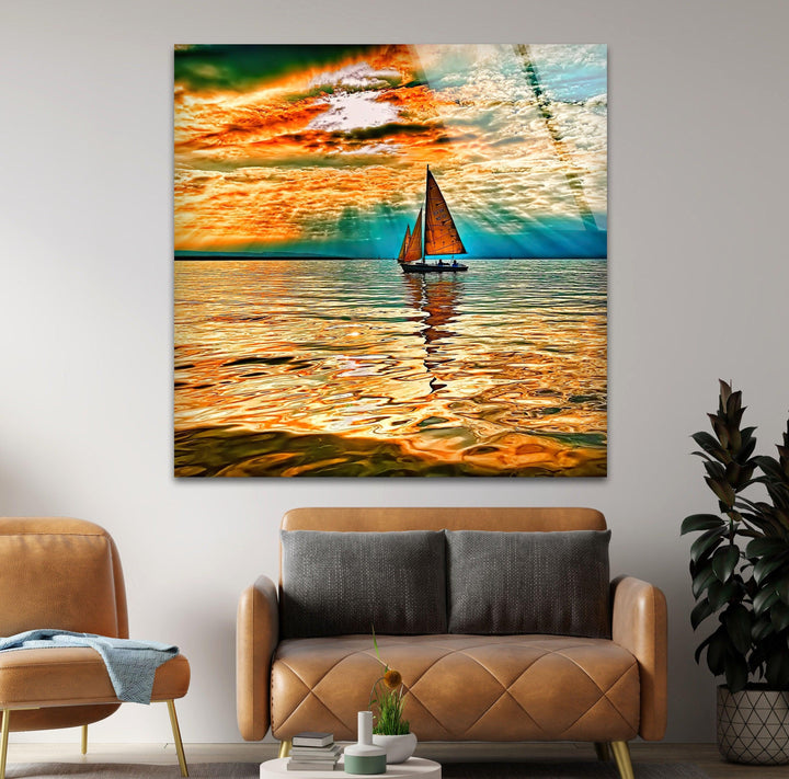 Segelboot Rotes Meer Sonne Glas Wandkunst