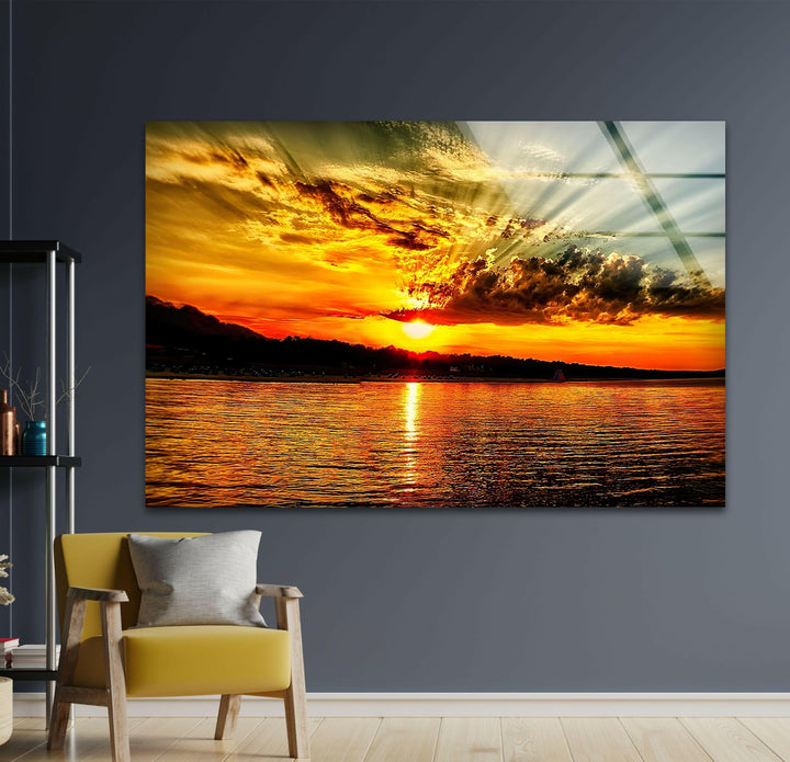 Sunset Reflections on the Sea: A calming view of golden sunset light over tranquil waters.
