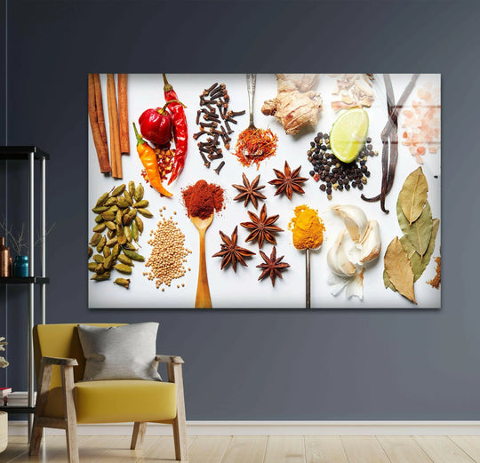 Spices Mix glass wall art displays a vibrant arrangement of colorful spices above a chair perfect for kitchen or dining room modern wall decor.